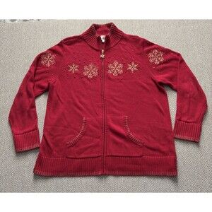 Quacker Factory Full Zip Cardigan Sweater Womens L Red Gold Snowflakes Beads